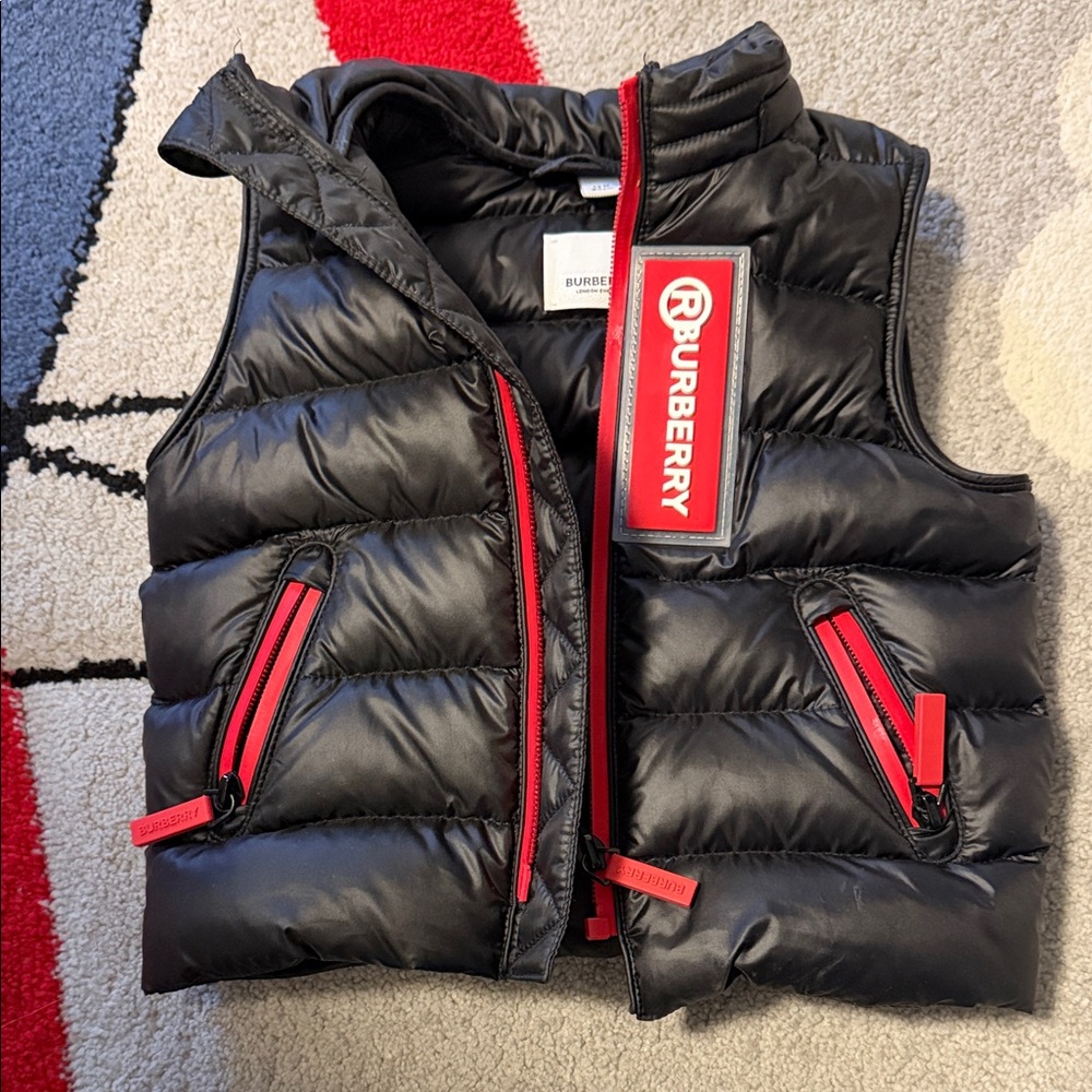 Burberry Kids Puffer Vest in Black with Red Details
